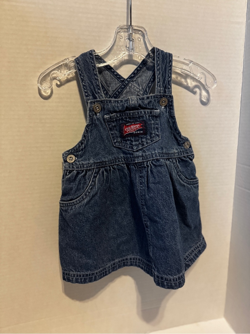 Vintage Old Navy Baby Denim Overall Dress Blue Cotton Button Pocket 6-12 Months